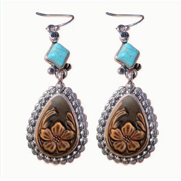 NEW Western style Brown & Turquoise Stud with drop earrings - Silver plated - Picture 1 of 2